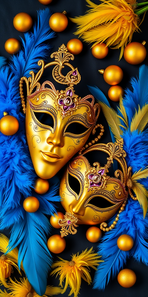 A beautifully arranged flat lay image of two ornate golden masquerade masks surrounded by vibrant blue and yellow feathers, golden balls, and a dark background, shot with a Canon EOS R5 at f/2.8, ISO 100, shutter speed 1/100s, in natural soft lighting for enhanced texture and detail.