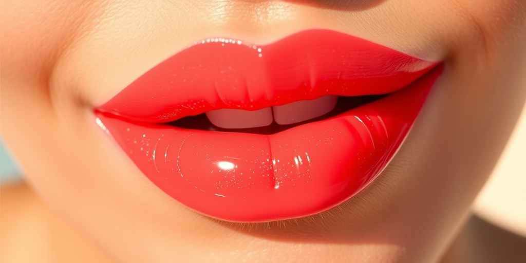 Vibrant coral sunset lips with a glossy finish, named "Tropical Breeze," featuring a subtle ombre effect and a hint of shimmer for a sun-kissed glow