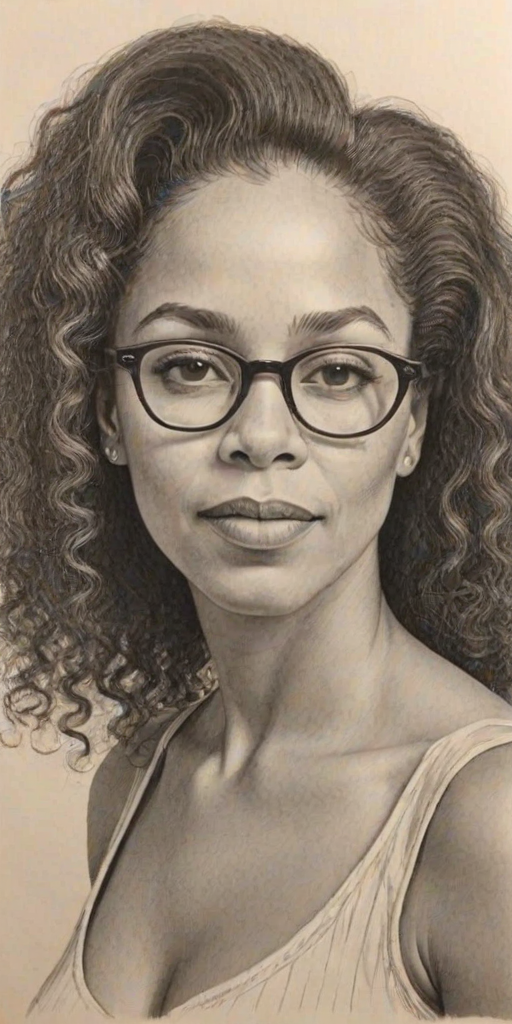 Stunning Rae Dawn Chong, pencil sketch, portrait of Elegant woman 1957s in glasses, hair style beatnik, outline, clear lines, fine lines, 8k