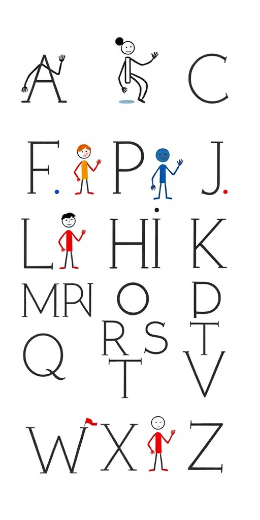Create a high-resolution illustration of an artistic alphabet featuring stick figure characters representing each letter from A to Z, with a clean white background, shot with a Canon EOS 5D Mark IV at f/8 aperture, 50mm lens, ISO 100, in natural light for optimal detail and clarity.