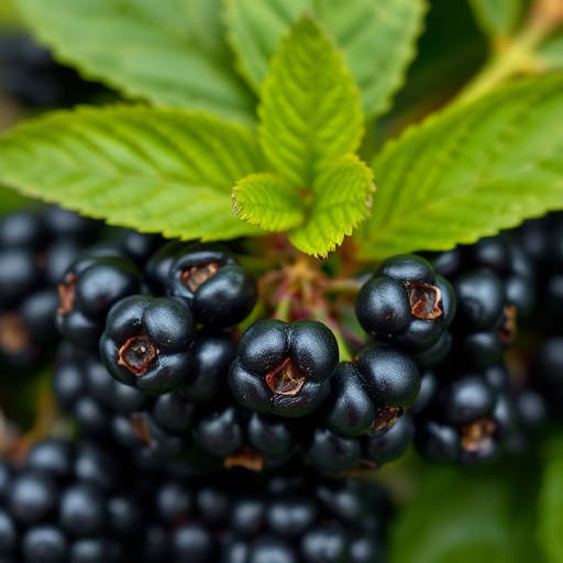 a close-up shot of a cluster of blackberries with green leaves, taken with a DSLR camera, aperture f/4, shutter speed 1/200 sec, ISO 100, natural lighting, macro lens for enhanced detail