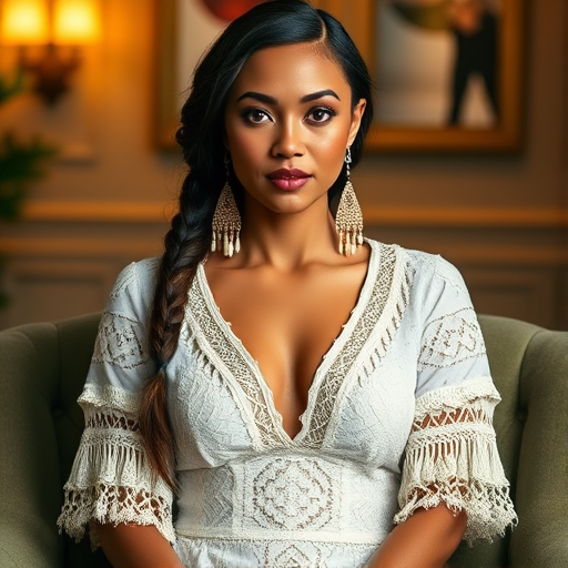 Create a portrait of a refined and elegant Native American woman seated in a sophisticated setting. She has long, wavy hair styled in two thick braids that are pulled over her shoulders. She wears a white, lace gown with intricate patterns, featuring a deep V-neckline and short sleeves. The dress exudes a vintage charm with its delicate lacework. She is adorned with ornate, dangling earrings that add a touch of glamour to her appearance. The background is softly lit, with warm, ambient lighting that creates a cozy and inviting atmosphere. Her expression is poised and serene, capturing a sense of grace and elegance.