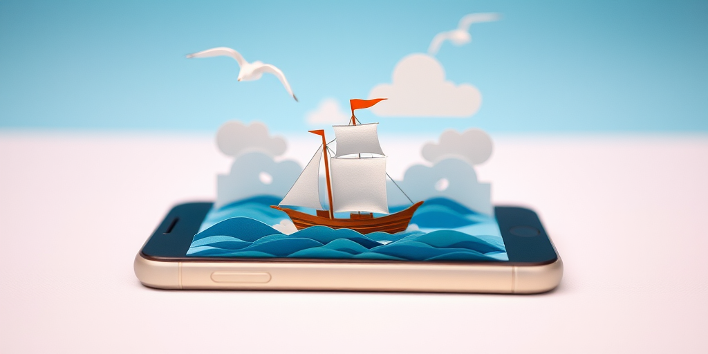 create a three-dimensional paper art scene of a ship sailing on waves emerging from a smartphone, with clouds and seagulls in the background, shot with a 50mm lens at f/1.8 aperture, ISO 200, and a softbox for even lighting, in a close-up perspective to enhance detail and depth.