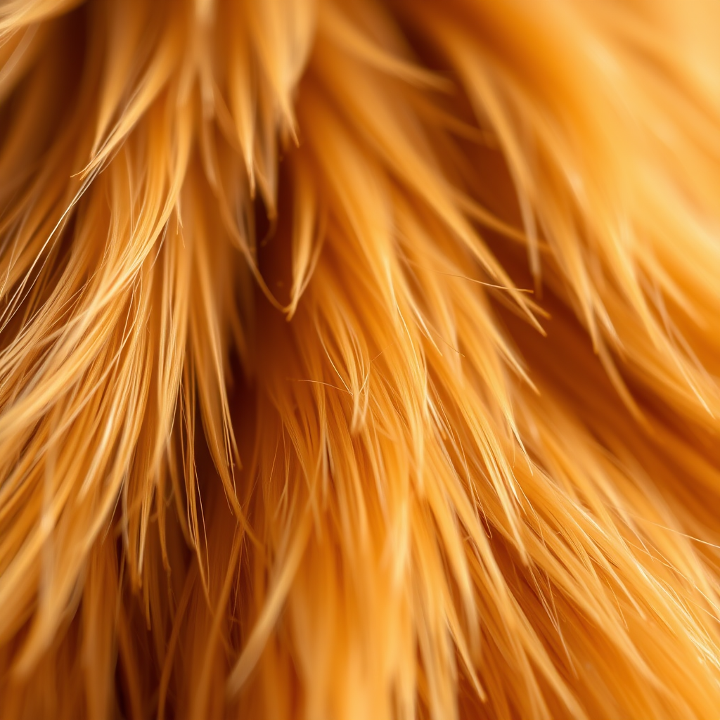 Close-up of golden brown fur texture with soft lighting, focal length 50mm, aperture f/4, ISO 100, shot with a DSLR camera in macro mode for enhanced detail.