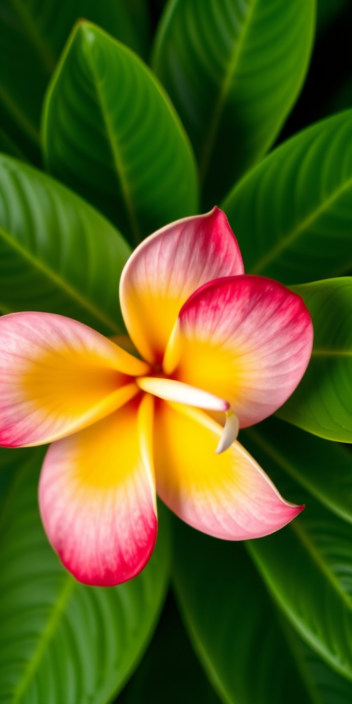 high-resolution image of a plumeria flower with green leaves, top-down view, soft focus, focal length 50mm, aperture f/2.8, ISO 100, digital camera, vibrant colors, high contrast