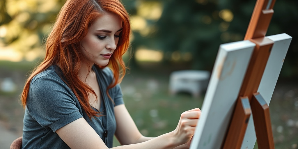Capture a woman with red hair seated outdoors, painting on a canvas, shallow depth of field, 50mm lens, aperture f/1.8, ISO 200, natural light, soft focus background to enhance subject isolation.