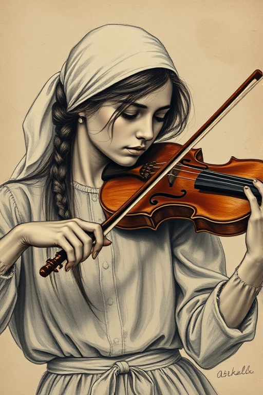 a young Ashkenazi woman with a white headband playing a violin, in the style of a charcoal drawing, sepia grunge background