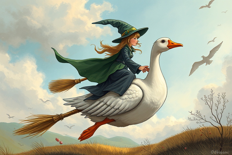 Create a detailed illustration of a whimsical witch flying on a large goose, with dynamic movement in the witch's cloak and broomstick, use a DSLR camera with a 50mm lens, aperture f/2.8, shutter speed 1/250s, ISO 100, natural lighting for a vibrant effect, and a wide-angle view to capture the scene in a fantastical landscape.