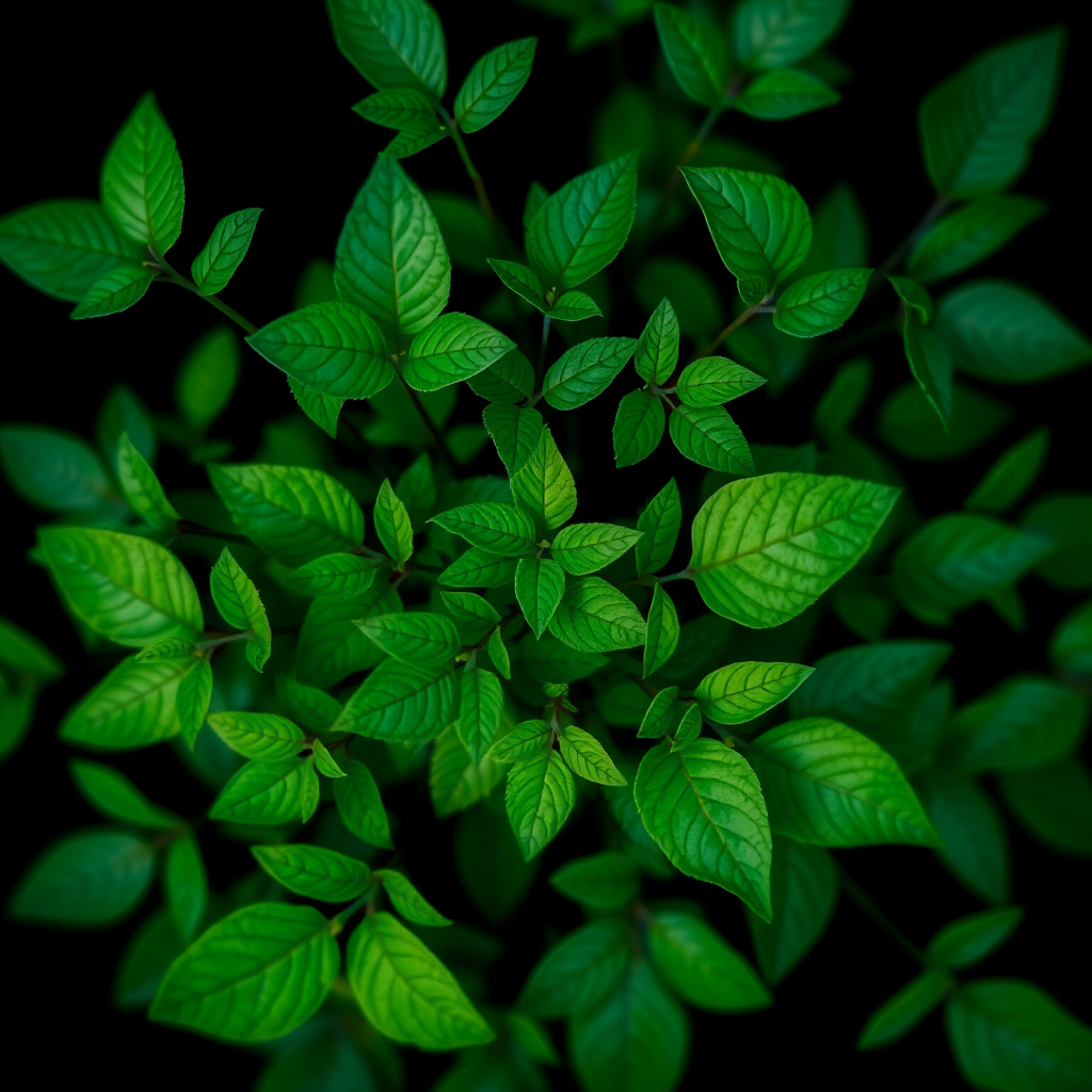 Create a high-resolution digital artwork of abstract green foliage on a black background, using soft focus with a DSLR camera at f/2.8 aperture, ISO 100, 50mm lens, centered composition, and enhanced color saturation.