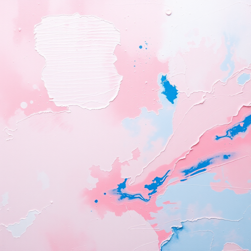 Generate a high-resolution abstract painting with soft pastel pink and blue hues, using a DSLR camera with a 50mm lens, aperture f/2.8, ISO 100, capturing from a overhead view, with soft lighting to enhance texture and color vibrancy.