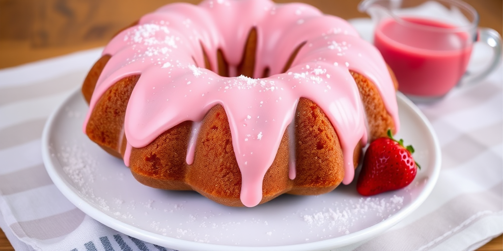 A delicious pink frosted bundt cake on a white plate with powdered sugar and a strawberry on the side, with a small pitcher of pink glaze in the background on a striped cloth.