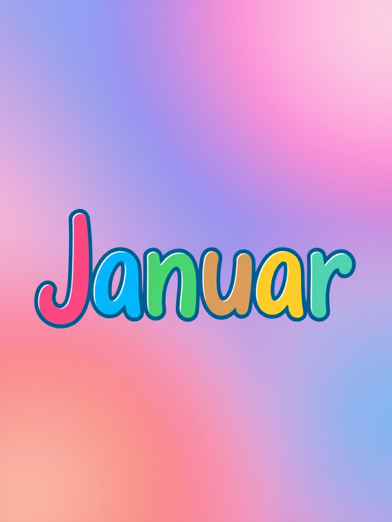Create a vibrant, high-resolution graphic illustration with playful typography for the word "Januar" against a soft gradient background, using a Canon EOS R5 at f/2.8, ISO 100, with a 50mm lens, and a slight depth of field to enhance focus on the text.