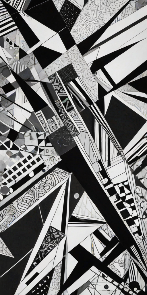 create an abstract black and white illustration featuring various geometric shapes, lines, and patterns arranged dynamically across the canvas