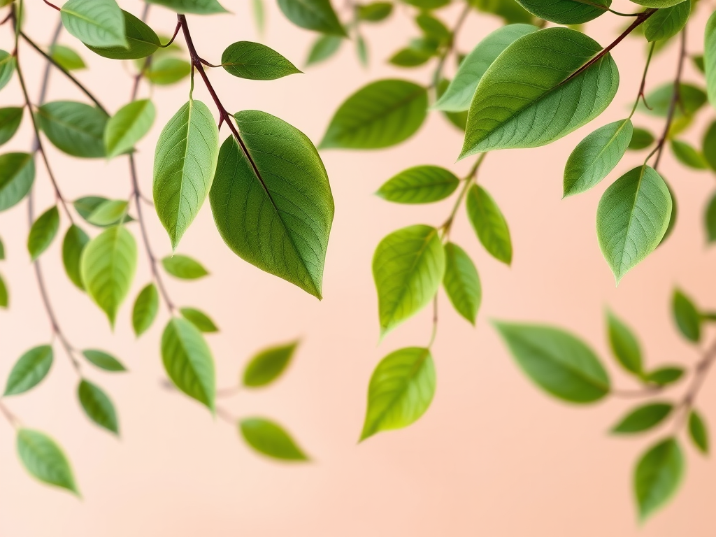 Generate a high-resolution image of abstract green foliage shapes and patterns with a soft pastel background, using a DSLR camera with a 50mm lens, aperture set to f/2.8, shutter speed of 1/60s, and ISO 100 for enhanced detail and vibrant colors.