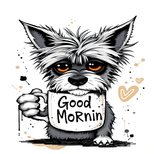 A quirky, artistic illustration of a disheveled shollie dog breed with exaggerated, large eyes and spiky fur, holding a coffee mug that reads "Good Morning". The dog has a tired but humorous expression, with ink splatters and abstract details surrounding it, giving a whimsical feel to the image. The color palette is mostly monochrome with hints of brown in the eyes and steam rising from the mug, enhancing the overall sleepy vibe
