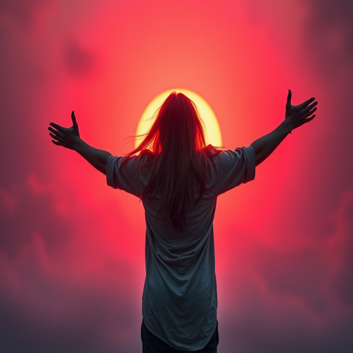 Regenerate the image of a figure with long hair standing with arms outstretched towards a fiery red sun in a dramatic sky, using a Canon EOS R5 camera with a 24mm f/1.4 lens, ISO 200, shutter speed 1/500s, in a low-angle perspective, utilizing a cinematic style and HDR imaging for enhanced color and detail.