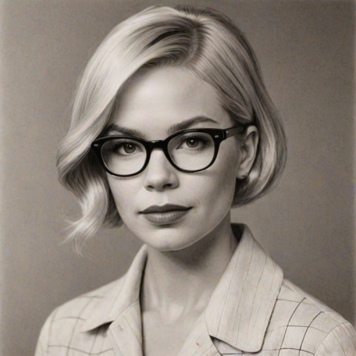 Fascinating Michelle Williams, pencil sketch, portrait of Sublime woman 1932s in glasses, hair style beatnik, outline, clear lines, fine lines, 8k