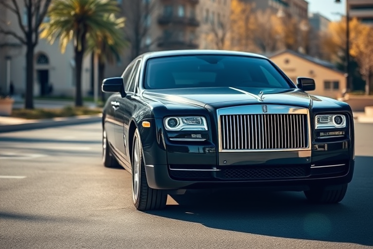 Regenerate a high-quality image of a black limousine at a 3/4 front angle, using a DSLR camera with a wide aperture of f/2.8, focal length of 35mm, ISO 100, shot in natural daylight with a slight lens flare for added depth.