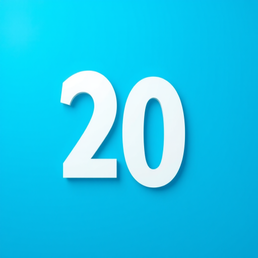 Create an image featuring a large, bold number 20 in white against a vibrant blue background, captured with a Canon EOS 5D Mark IV at f/2.8, ISO 100, with a wide-angle lens in a centered composition for a clean and modern look.