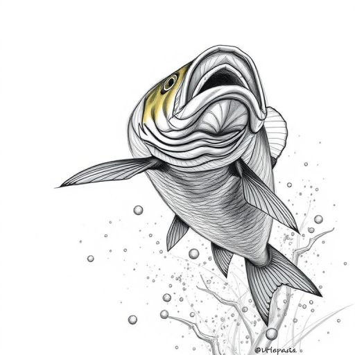 Create a high-resolution sketch of a leaping fish with detailed scales and fins, captured in full color, using a DSLR camera with a 50mm lens at f/1.8, 1/250 sec shutter speed, and ISO 100, from a dynamic low-angle view to enhance the sense of motion.