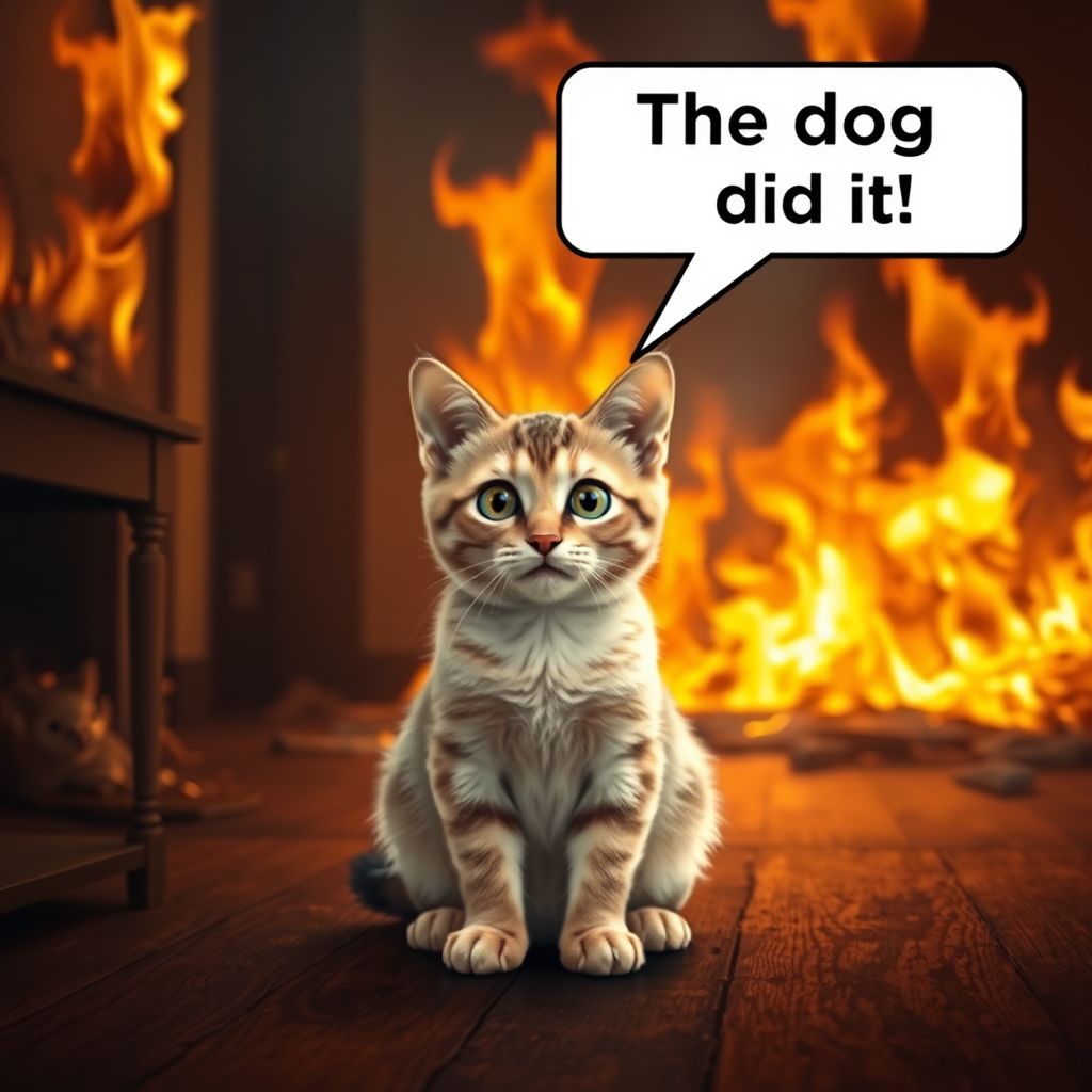 Photorealistic image of an innocent-looking cat sitting calmly in the middle of a burning room. Flames engulf the room, with fire licking up the walls and smoke filling the air. The cat is sitting on the floor, looking directly at the viewer with wide, innocent eyes. Above the cat, a speech bubble says "The dog did it!" The contrast between the cat's calm demeanor and the chaos around it creates a humorous and surreal scene.