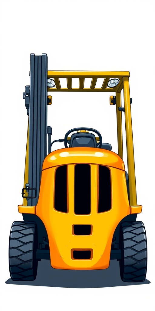 Create a detailed illustration of a yellow and orange forklift with a realistic look, captured from a three-quarter front view, using a DSLR camera at f/5.6 aperture, ISO 100, and a shutter speed of 1/200s to enhance clarity and depth.