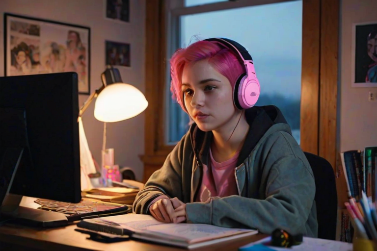 Low-resolution snapshot, indoor setting, teenage girl with short, bright pink hair, sitting at a cluttered desk, wearing oversized headphones, focused on a computer screen, soft ambient light from a small desk lamp, books and notebooks scattered around, framed family photo in the corner, open window behind her showing twilight sky.