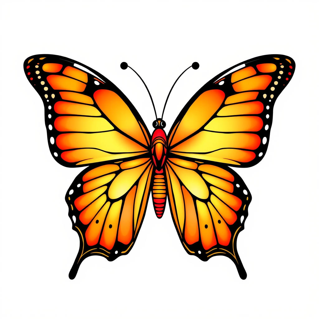 Create a vibrant illustration of a butterfly with orange and red gradient wings, featuring black outlines and intricate details. The butterfly should have prominent spots and an elegant pose, set against a light background for contrast.