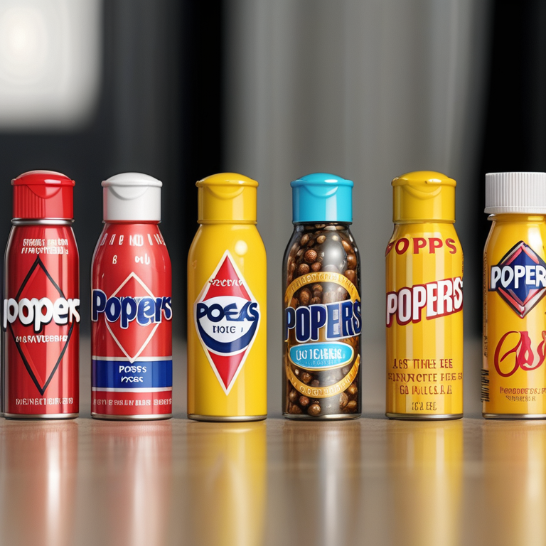 A Colorful Collection of Popper Bottles Displayed on a Wooden Surface.