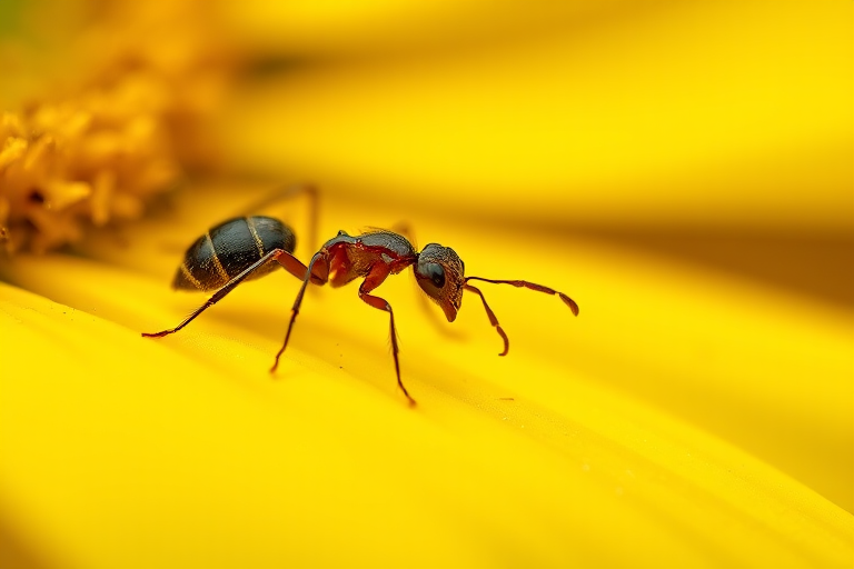 macro shot of an ant on a vibrant yellow flower petal, focus on the ant with shallow depth of field, natural light, aperture f/2.8, shutter speed 1/200s, ISO 100, using a high-quality DSLR camera with a macro lens, close-up view for enhanced detail