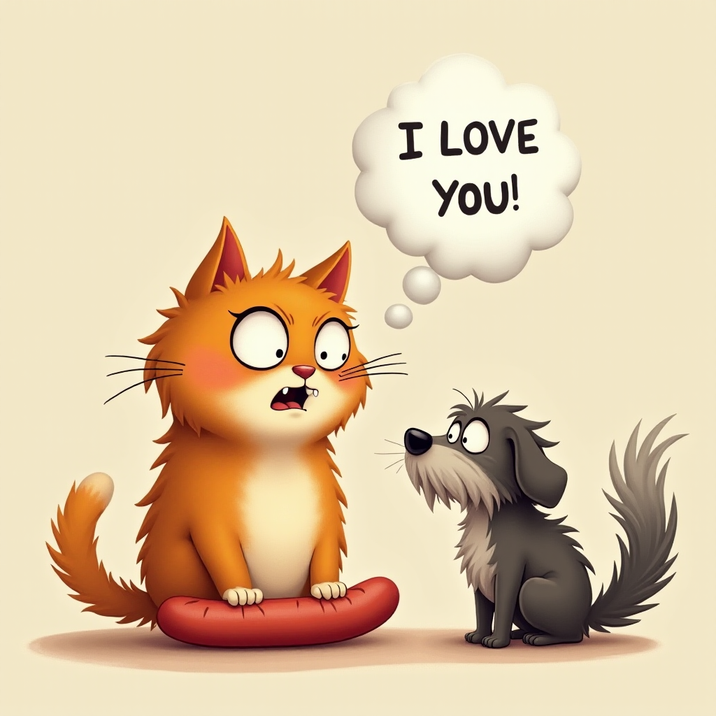 caricature of a silly whimsical fluffy cat with a mean look she has one foot on a sausage and is looking at an old scraggly big dog the cat has a thought bubble above her head that says “I LOVE YOU"