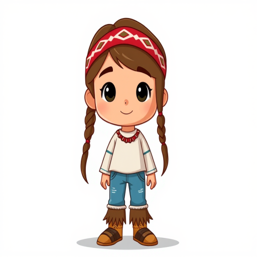 Create a cartoon-style image of a Native American boy character with long brown hair, wearing a red headband, white shirt, blue jeans, and traditional moccasins, captured with a Canon EOS 5D Mark IV, 50mm lens, f/2.8, 1/125s, ISO 100, front view, high-resolution vector graphic style.