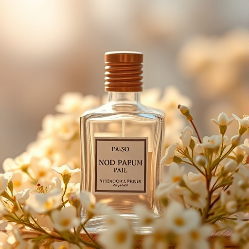 create a high-resolution image of a vintage perfume bottle surrounded by delicate white flowers in a soft-focus background, using a DSLR camera with a 50mm lens, aperture f/2.8, ISO 100, and a shallow depth of field for bokeh effect, capturing warm natural lighting to enhance colors and textures