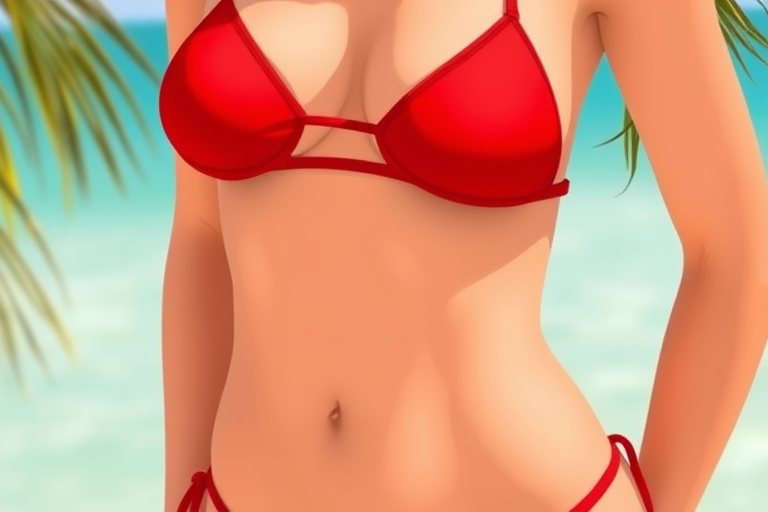 Create a high-resolution illustration of a red bikini featuring a triangular top and low-rise bottom, shot with a 50mm lens at f/2.8, with a shallow depth of field and soft natural lighting, using a DSLR camera to enhance the image clarity and color vibrancy.