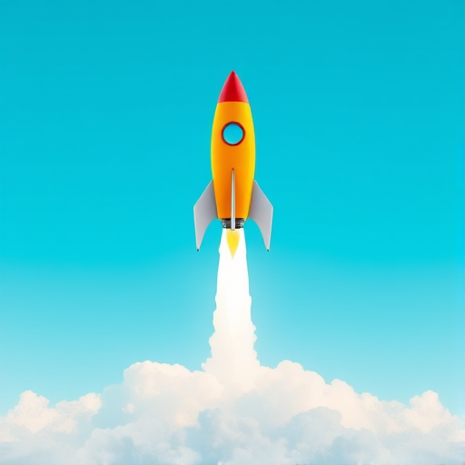 Create a vibrant and minimalistic illustration of a rocket launching into a blue sky with subtle clouds beneath, using a Canon EOS R5 with a 24mm f/1.4 lens, aperture set to f/8, ISO 100, in a symmetrical composition, with a soft-focus background for a dreamy effect.