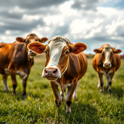 Regenerate the image of three cows in a grassy field under a cloudy sky, taken with a DSLR camera at 50mm f/1.8, aperture priority mode, ISO 100, focus on the foreground cow, natural lighting, and with a shallow depth of field for enhanced background blur.