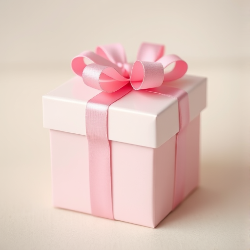 Create a high-resolution image of a pastel-colored gift box with a pink ribbon and bow on top, shot using a DSLR camera with a 50mm lens, aperture set to f/2.8, ISO 100, natural lighting, and a soft focus background to enhance detail and clarity.