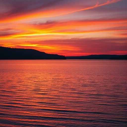 Generate a detailed landscape image capturing a serene lake at sunset, with vibrant orange and purple skies reflecting on the water, using a Canon EOS R5 at f/8, shutter speed 1/125s, ISO 100, flattened perspective for depth, employing a wide-angle lens to enhance horizon view.