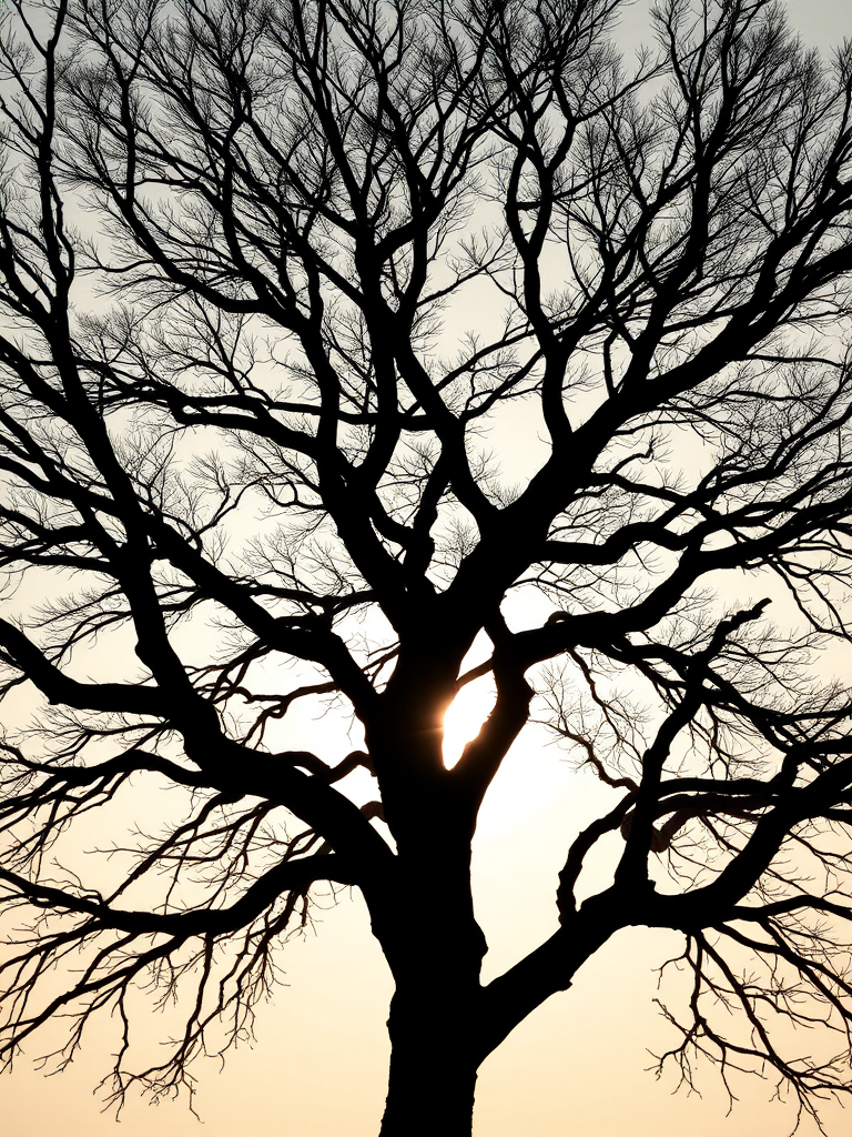 Generate a high-resolution illustration of a silhouette of a tree with intricate branches, captured with a DSLR camera, f-stop 2.8, ISO 100, 50mm lens, in a soft-focus style with natural backlighting.
