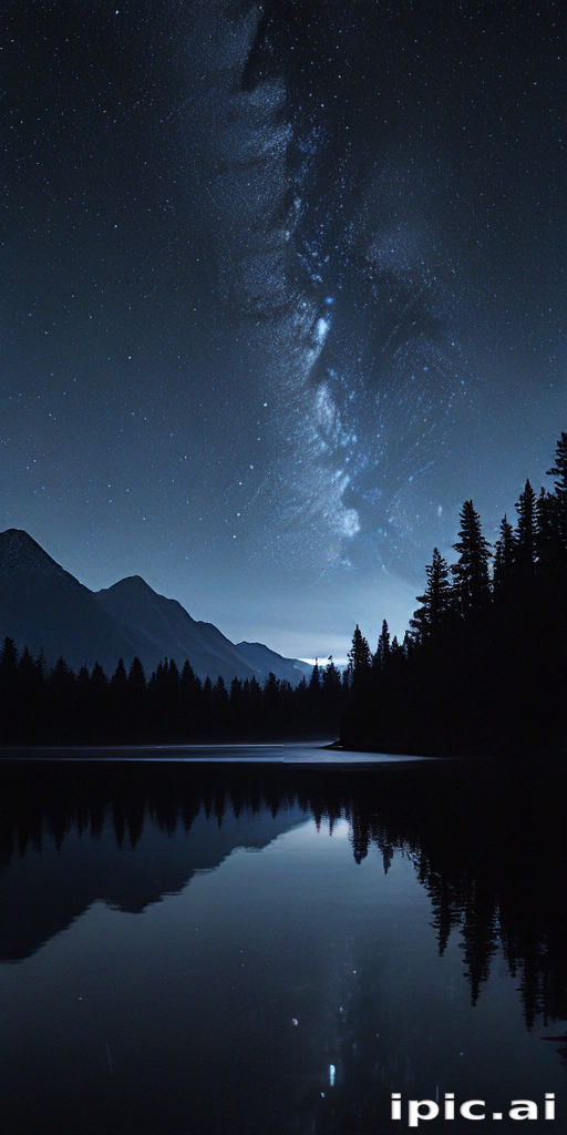 Serene Night Sky Over Calm Lake Reflecting Stars and Mountains