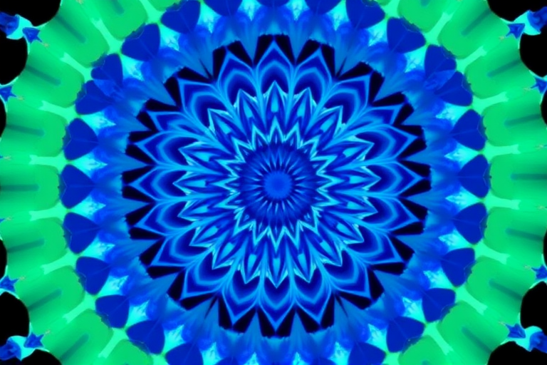 create an intricate blue mandala pattern with radial symmetry, camera settings: f/8, 1/125 sec, ISO 100, camera view: centered with symmetrical framing, camera style: high dynamic range, camera type: digital DSLR