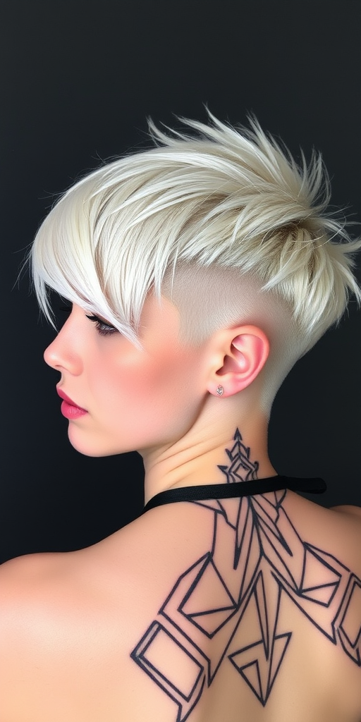 Striking platinum blonde pixie cut with asymmetrical bangs and edgy undercut, featuring intricate geometric patterns shaved into the sides, exuding a futuristic and avant-garde vibe called Cyberpunk Pixel
