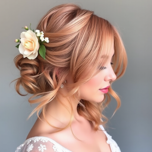 Soft rose gold hair styled in romantic, loose curls with a floral hair accessory, the Blushing Bloom style embodies feminine charm and delicate beauty
