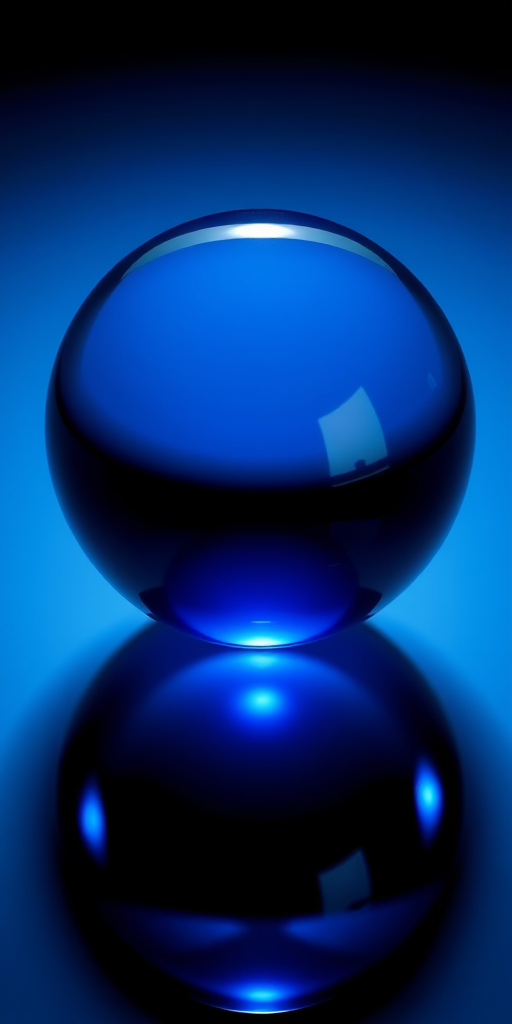 Create an ultra-realistic image of a shiny blue orb with reflections, using a DSLR camera, 50mm lens, f/1.8 aperture, ISO 100, shot from a slight above angle, with soft lighting to enhance depth and clarity.