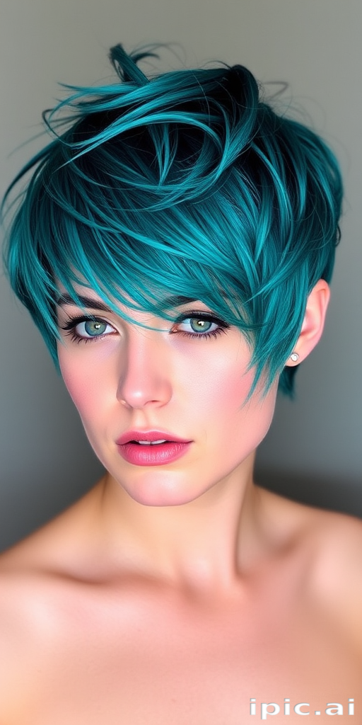 Stunning pixie cut with vibrant teal highlights, textured layers creating a messy yet chic look, emphasizing facial features and showcasing a bold personality