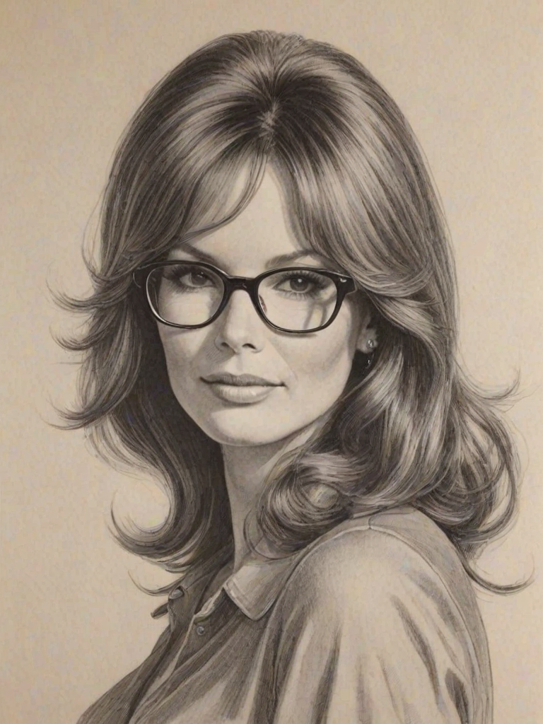 Appealing Jaclyn Smith, pencil sketch, portrait of Captivating woman 1960s in glasses, hair style beatnik, outline, clear lines, fine lines, 8k