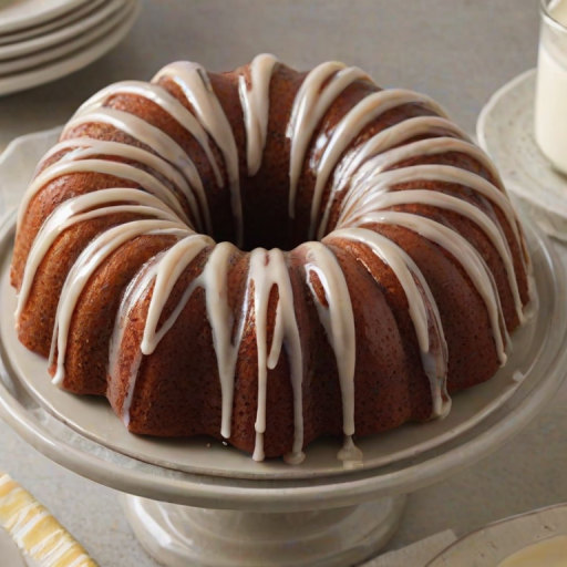 Create an image of a round bundt cake with a smooth, glossy glaze drizzled over the top. The cake should have a light brown color with a white icing that creates a decorative pattern running down the sides. The background should be simple and neutral to highlight the cake.