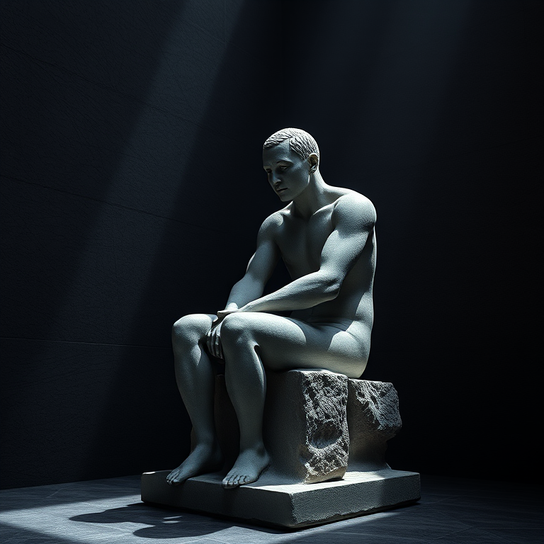 high-resolution image of a stone sculpture of a seated figure with a contemplative expression in a dark, textured environment, natural light illuminating the sculpture, aperture f/8, shutter speed 1/250 sec, ISO 100, wide-angle lens, DSLR camera