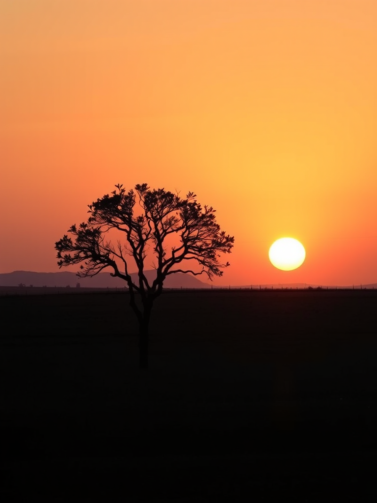 Create a minimalistic landscape featuring a single tree silhouetted against a sunset with warm gradient colors, using a wide-angle lens, f/8 aperture, ISO 100, and 1/200 second shutter speed to enhance the clarity and detail of the scene.