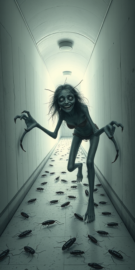 a crooked female with long arms and a creepy smile is crawling along a long white corridor and you can also see cockroaches in it there is a creepy atmosphere creepy art style